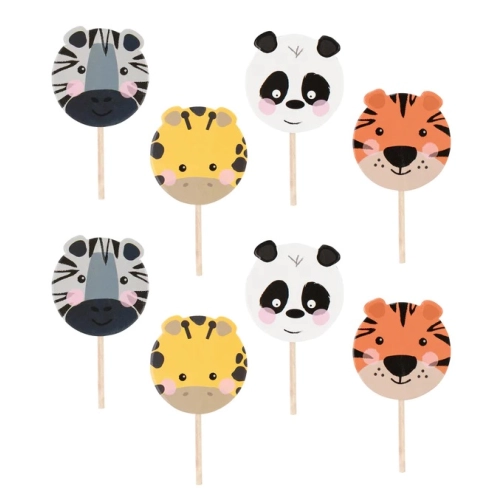 Topper piker ozdoby na tort babeczki zwierzęta zebra żyrafa tygrys panda dekoracje urodzinowe safari zoo zestaw 8 sztuk